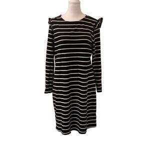 Old Navy Black and White Striped Dress, Long Sleeve, Ruffled Shoulder, Size Med